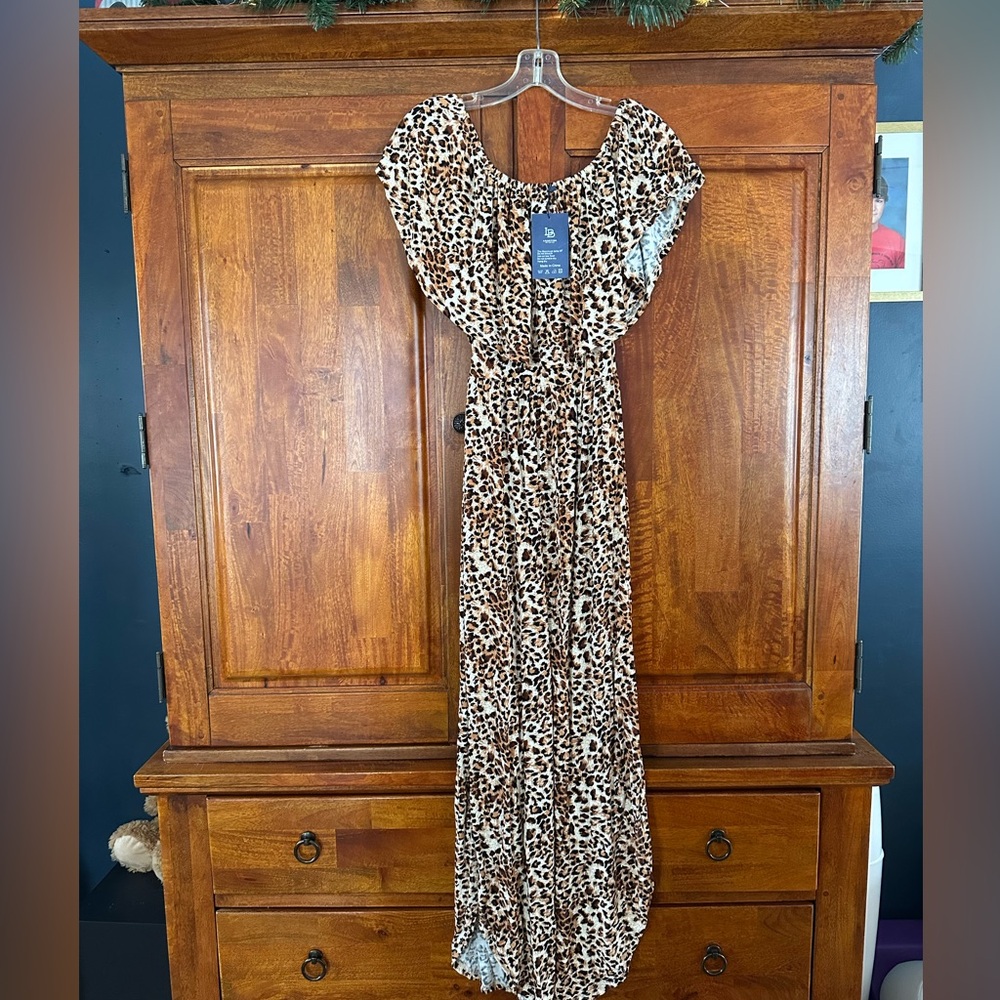 LIL BETTER Leopard Print Off the Shoulder Maxi Dress